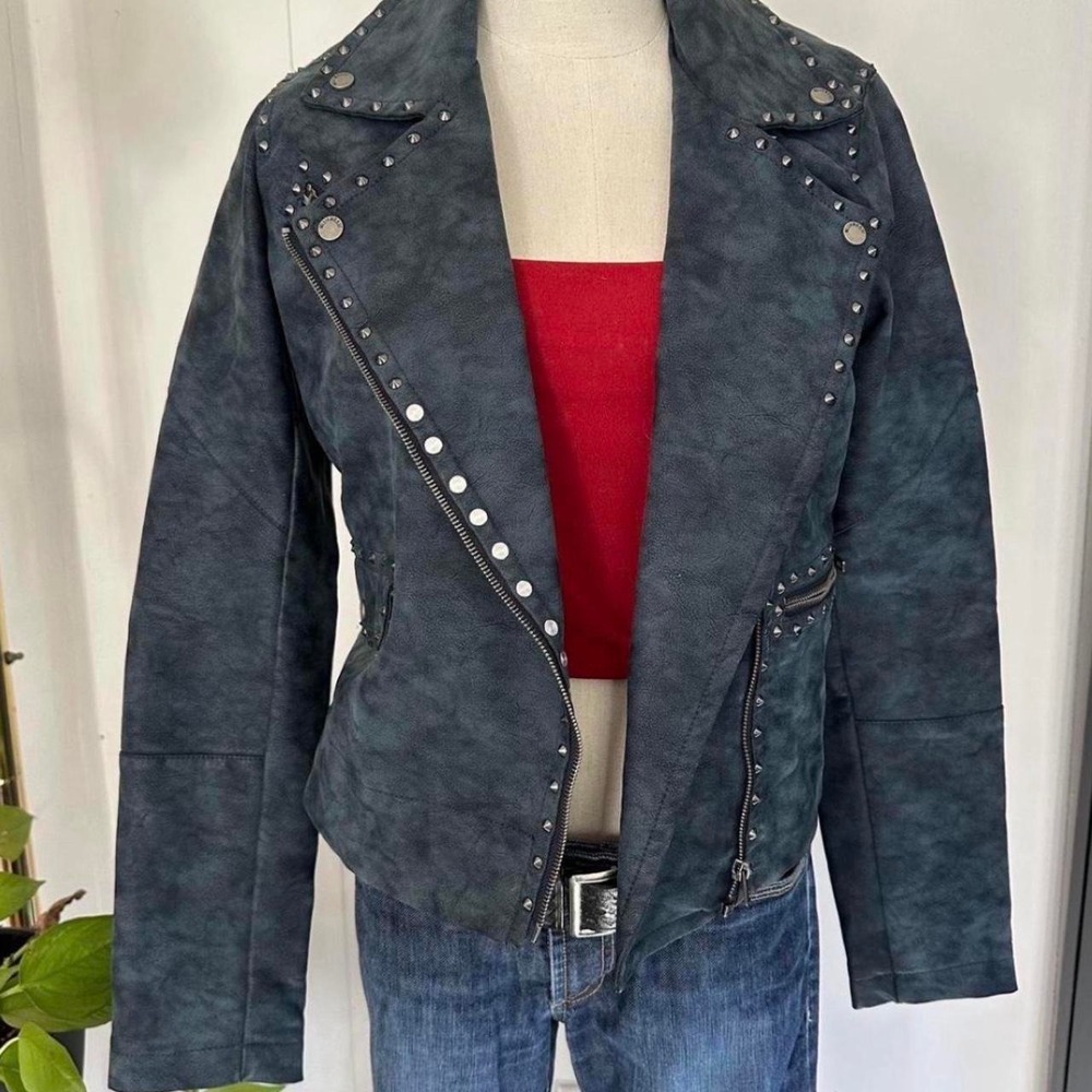 William Rast Womens Steel Blue Faux Leather Studded Moto Biker Jacket Small